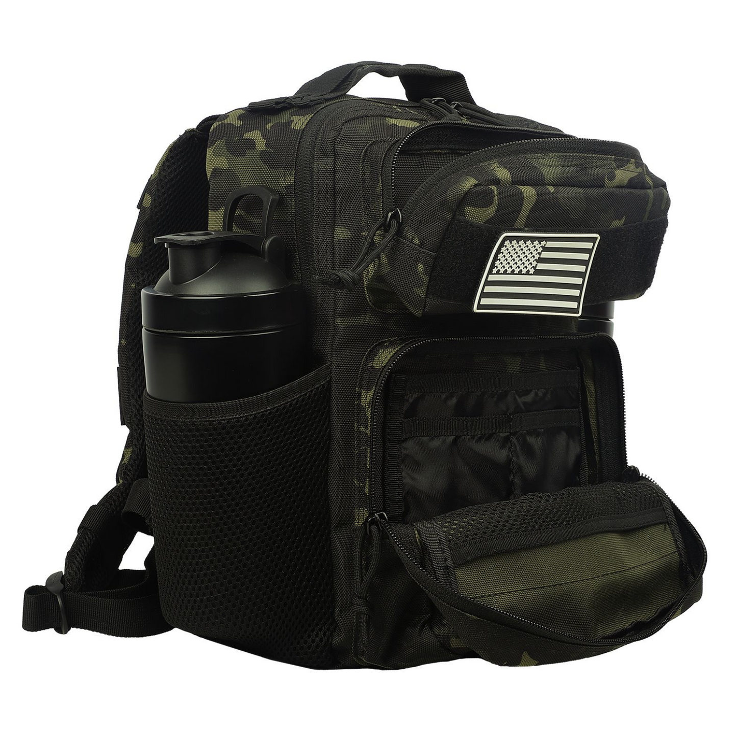 Back view of the tactical backpack, showcasing padded straps, breathable back panel, and adjustable features.