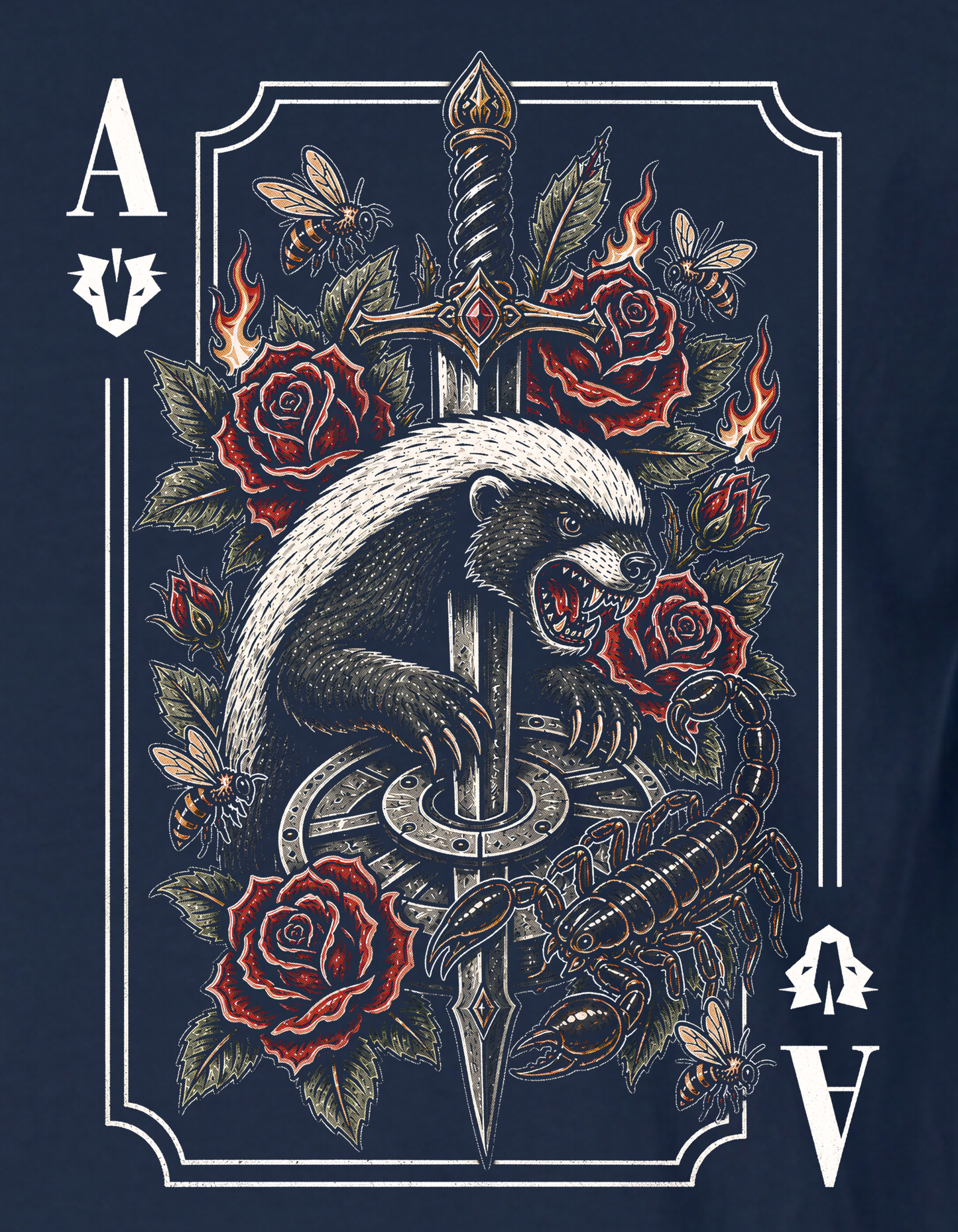 Card design with a bear holding a sword, surrounded by roses and other elements on a dark background. by rbst gear co