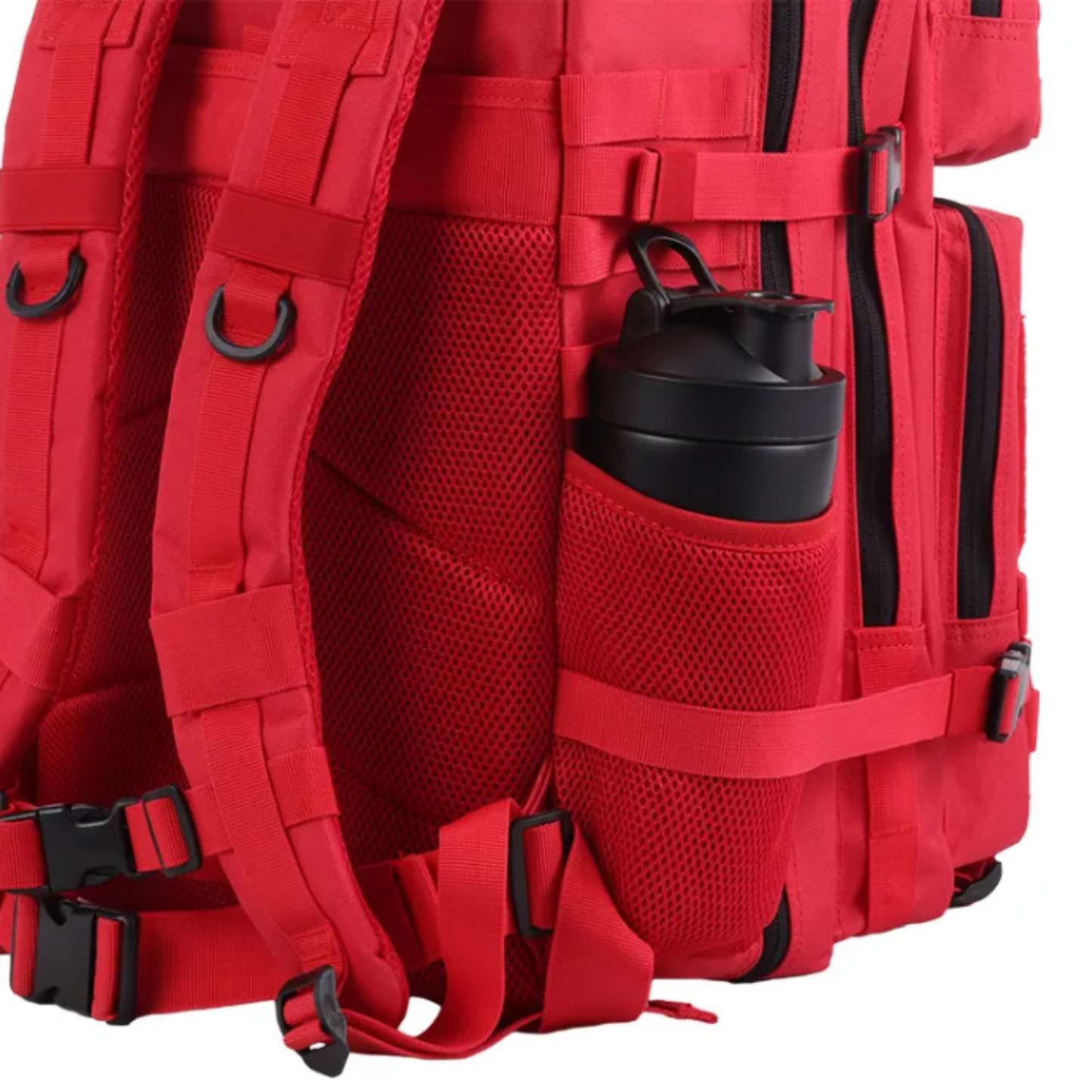 actical backpack shown from a different angle, emphasizing its ergonomic design and various compartments.