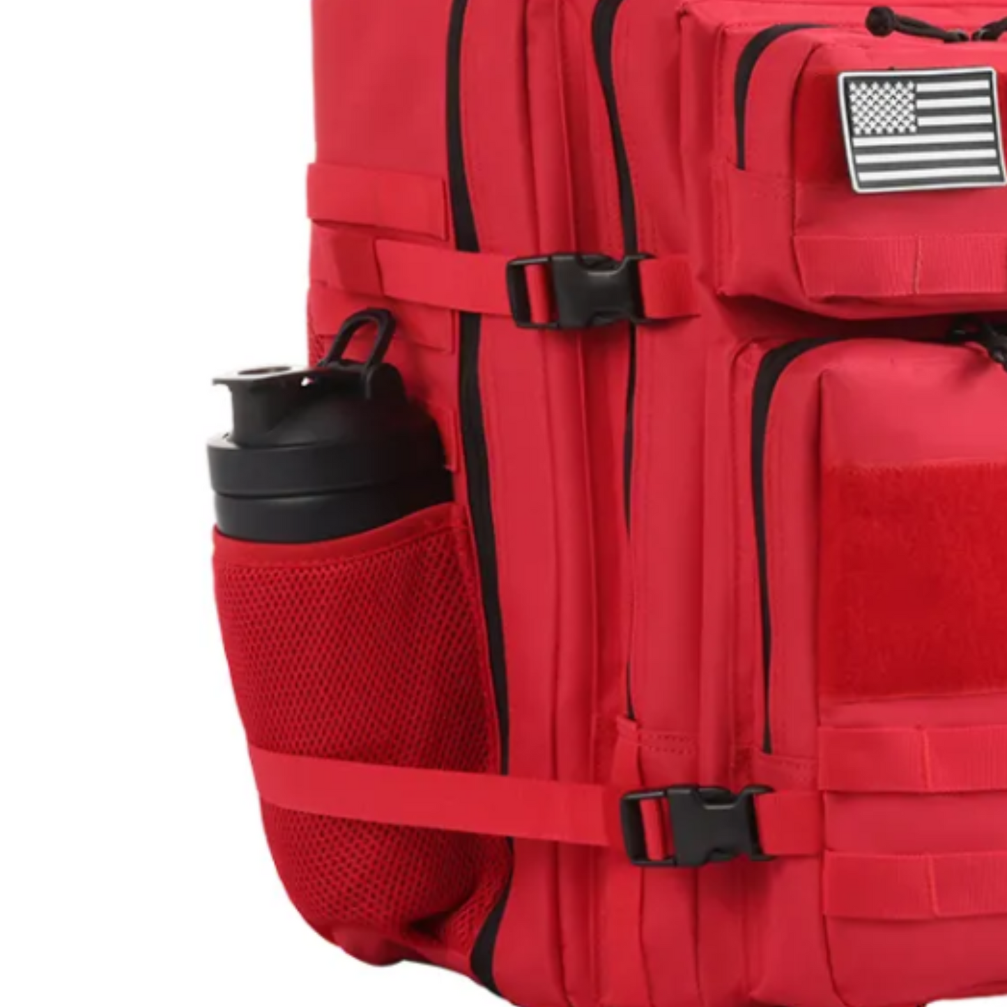 actical backpack shown from a different angle, emphasizing its ergonomic design and various compartments.