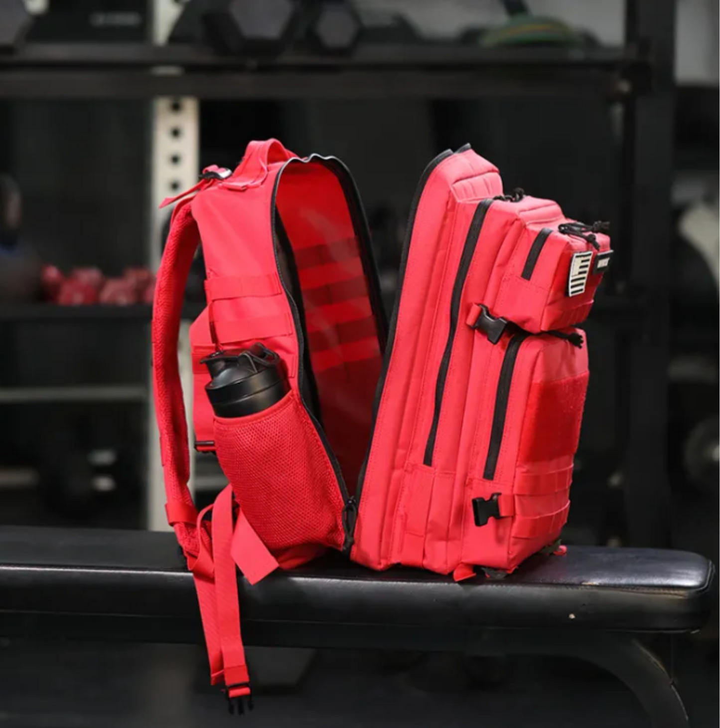 Close-up view of the tactical backpack's patch placement area, demonstrating where customizable patches can be attached.