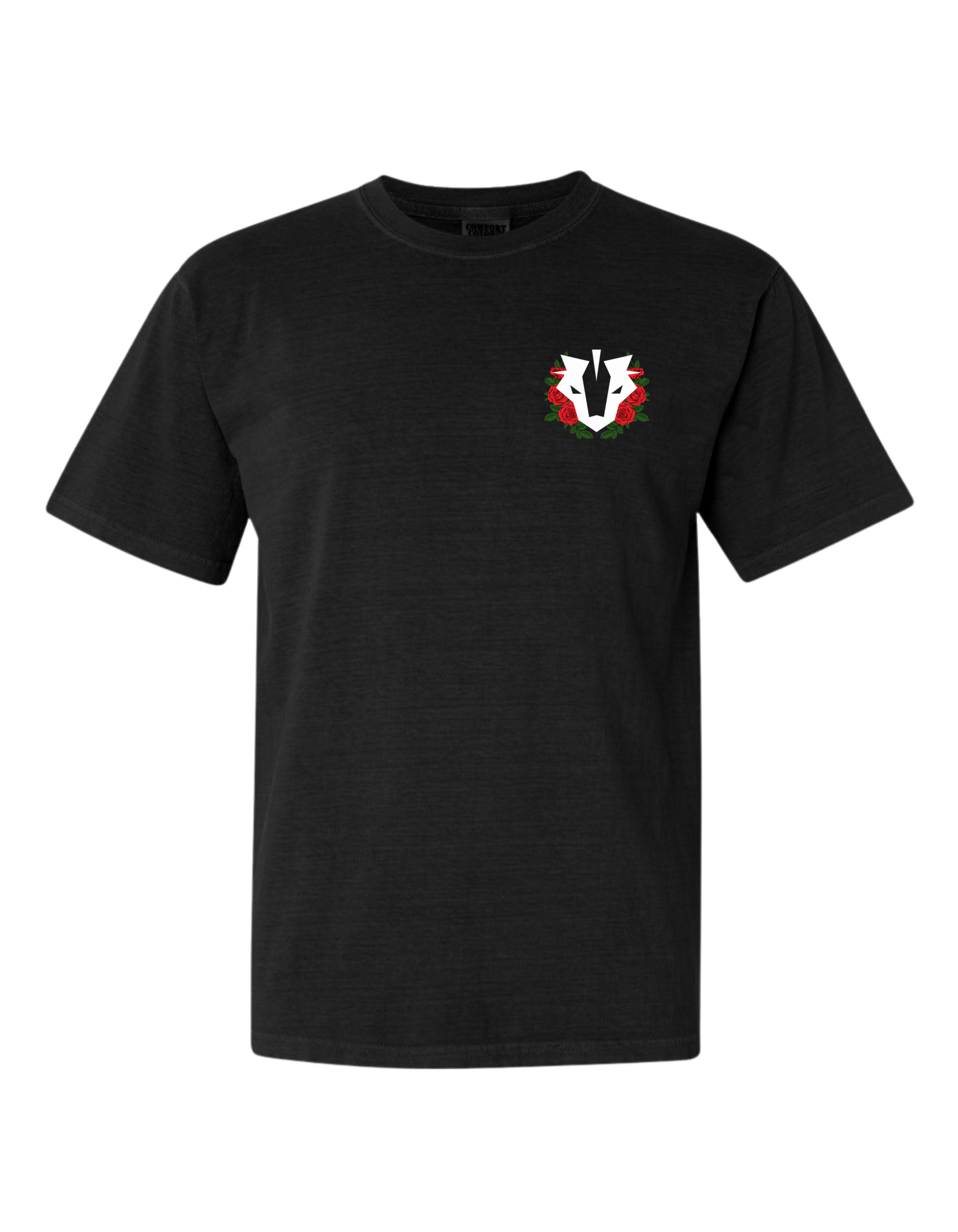 Black t-shirt with a logo on the chest against a white background