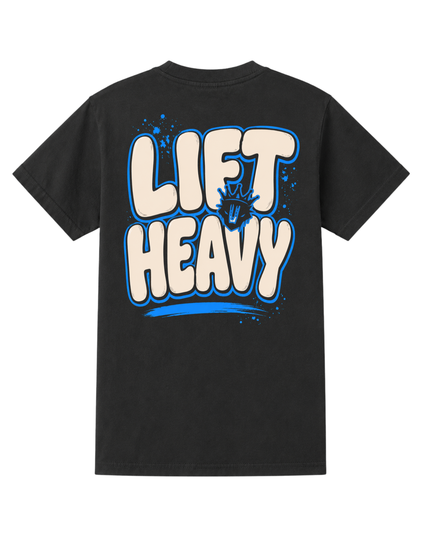 A black short-sleeve t-shirt with a large graphic on the back reading 'LIFT HEAVY' in cream-colored bubble letters with blue outlines, featuring a hand graphic in the center.