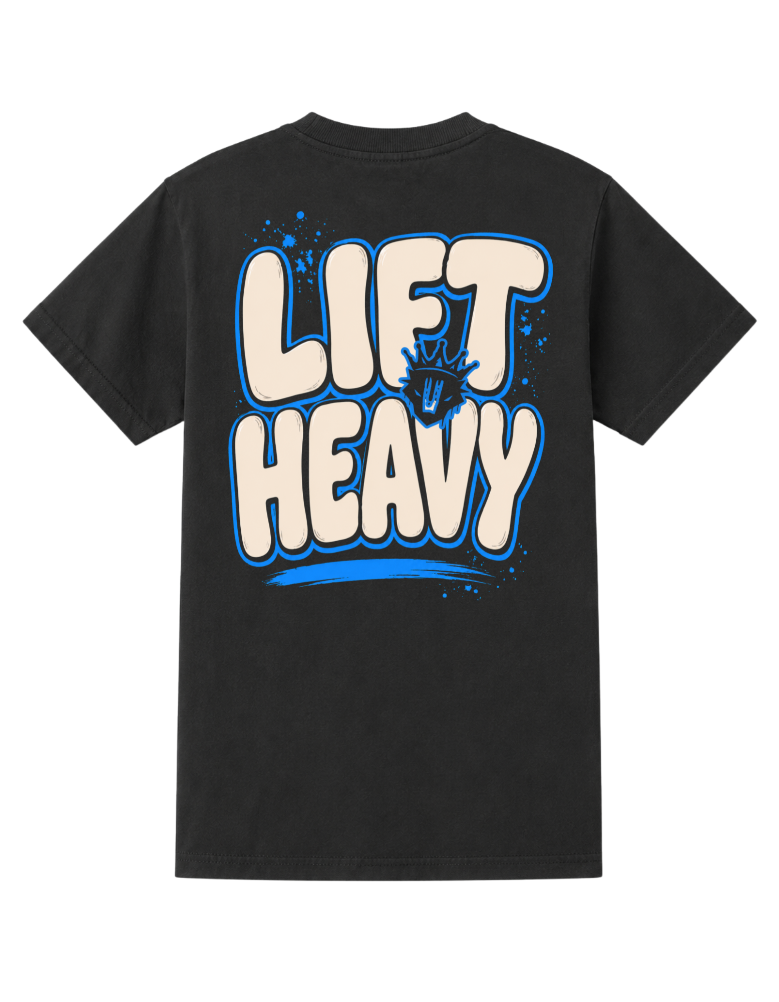 A black short-sleeve t-shirt with a large graphic on the back reading 'LIFT HEAVY' in cream-colored bubble letters with blue outlines, featuring a hand graphic in the center.