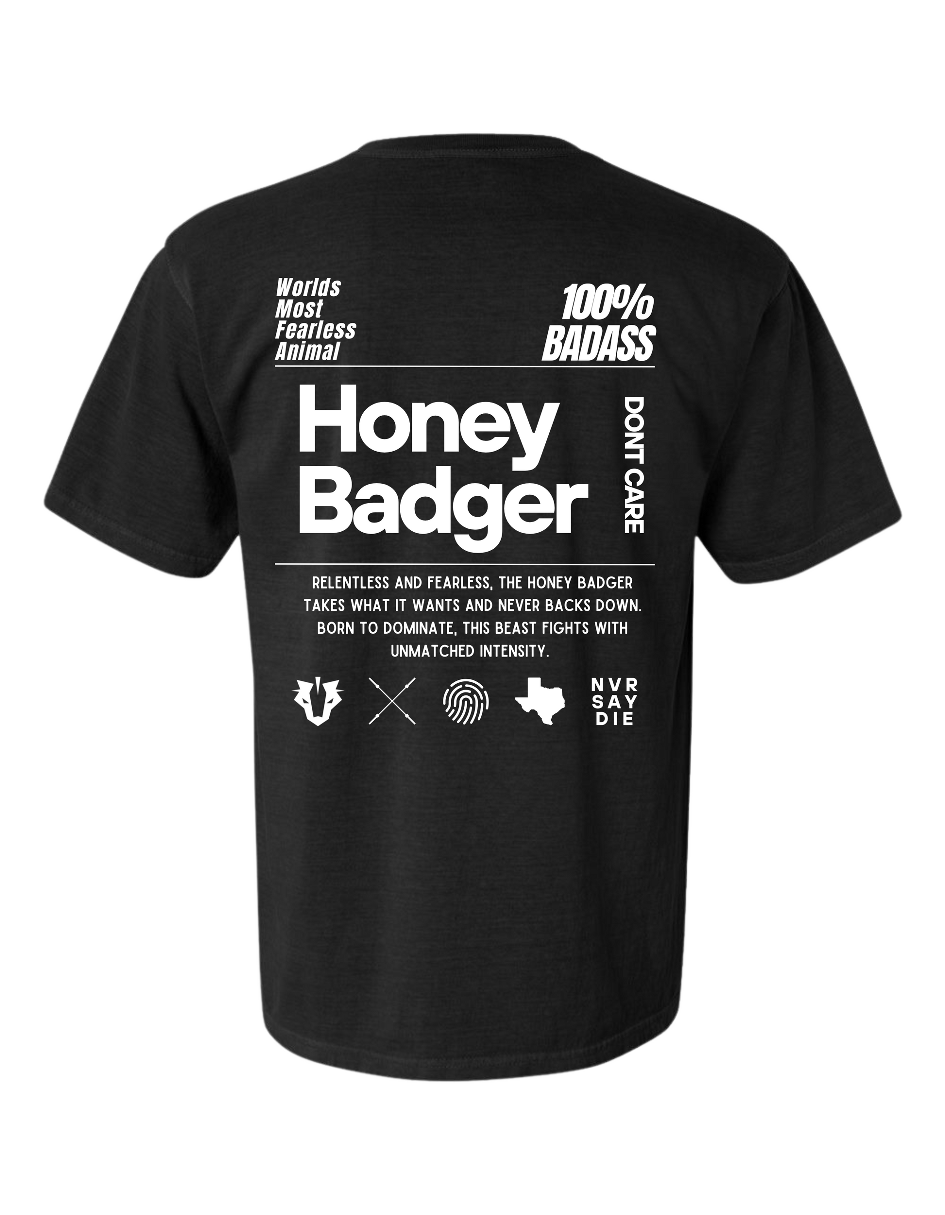Black t-shirt with white text and graphics on a white background