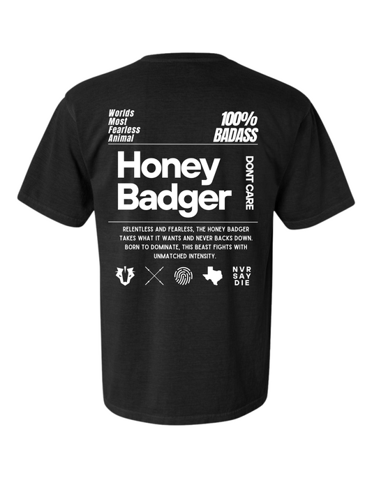 Black t-shirt with white text and graphics on a white background