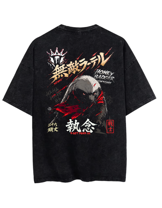 Black t-shirt with graphic design and text on a white background