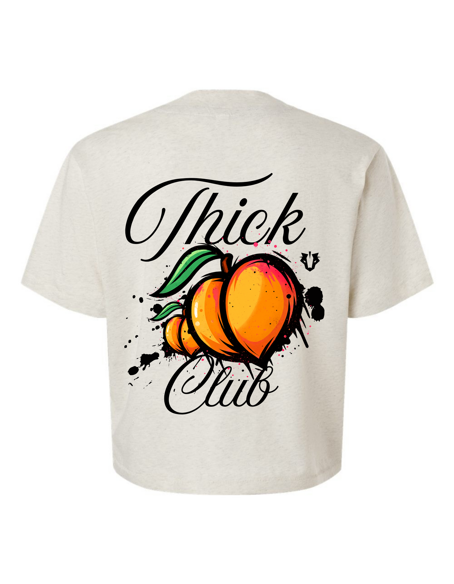 White t-shirt with 'Thick Club' graphic design featuring peaches on a white background