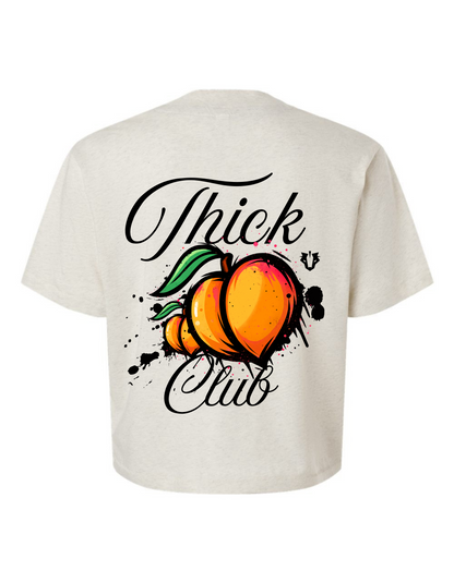 White t-shirt with 'Thick Club' graphic design featuring peaches on a white background
