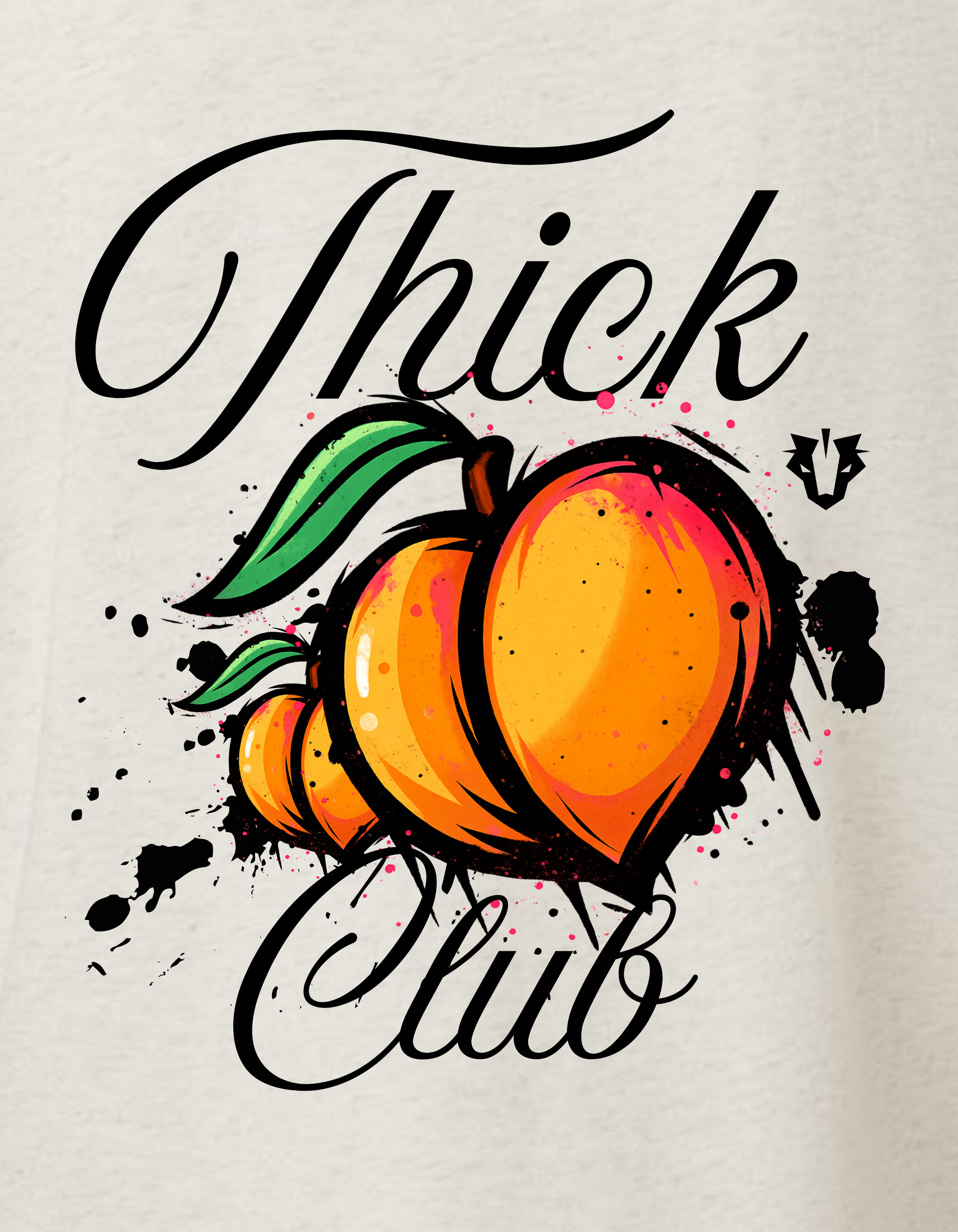 Design with peaches and text 'Thick Club' on a light background