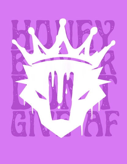 White crown and hand graphic with 'Honey, I'm Good AF' text on a purple background