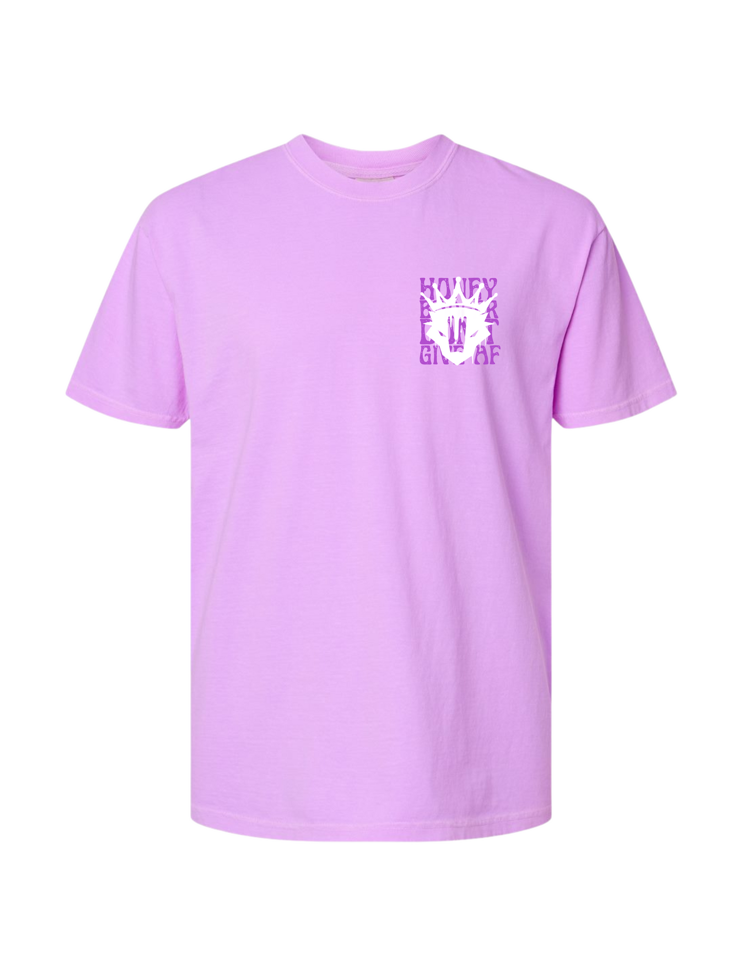 Light purple t-shirt with a graphic design on a white background