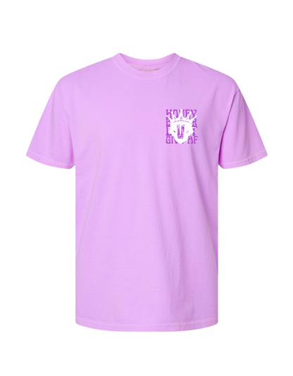 Light purple t-shirt with a graphic design on a white background