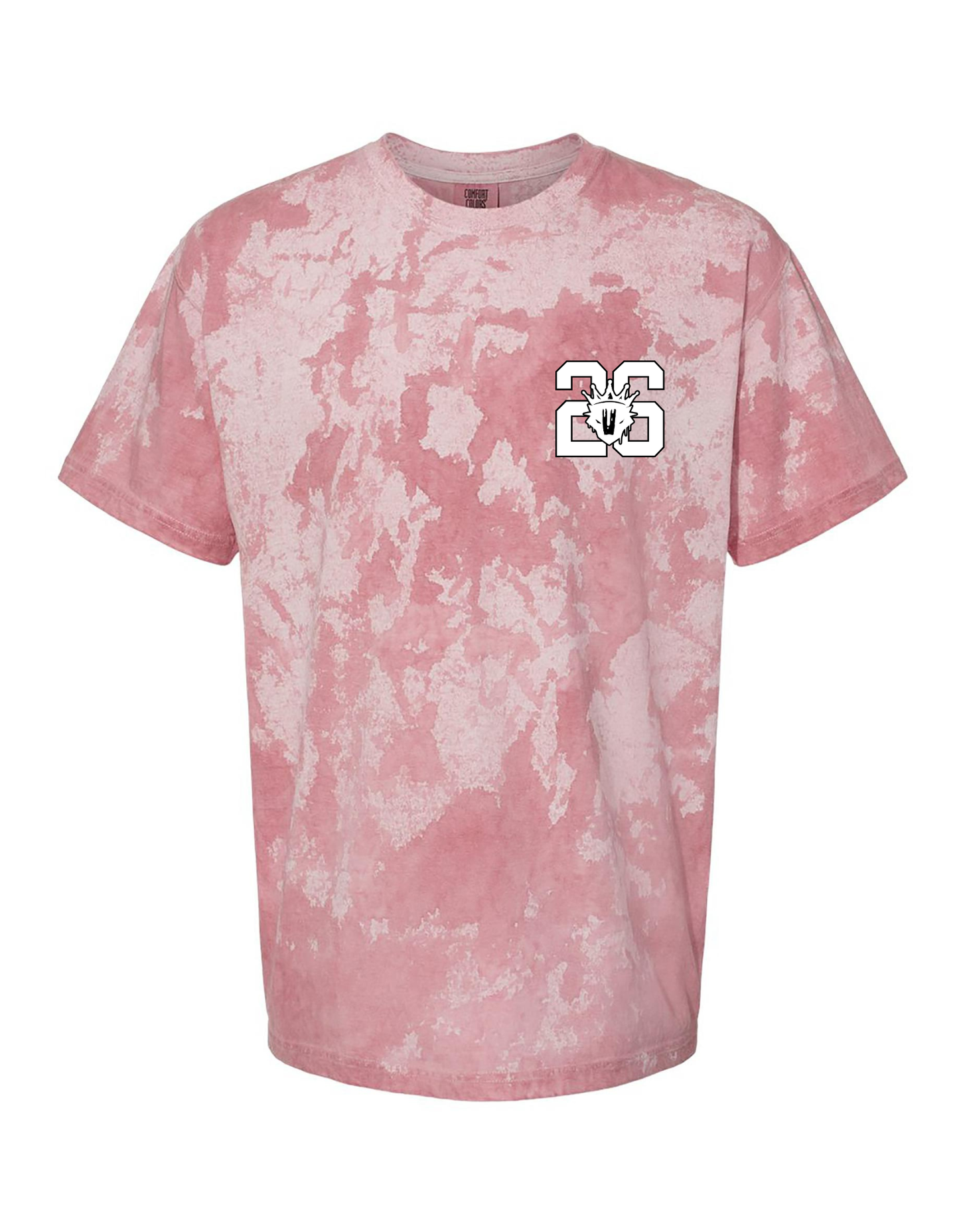 Pink tie-dye t-shirt with a logo on a white background
