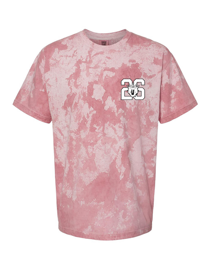 Pink tie-dye t-shirt with a logo on a white background