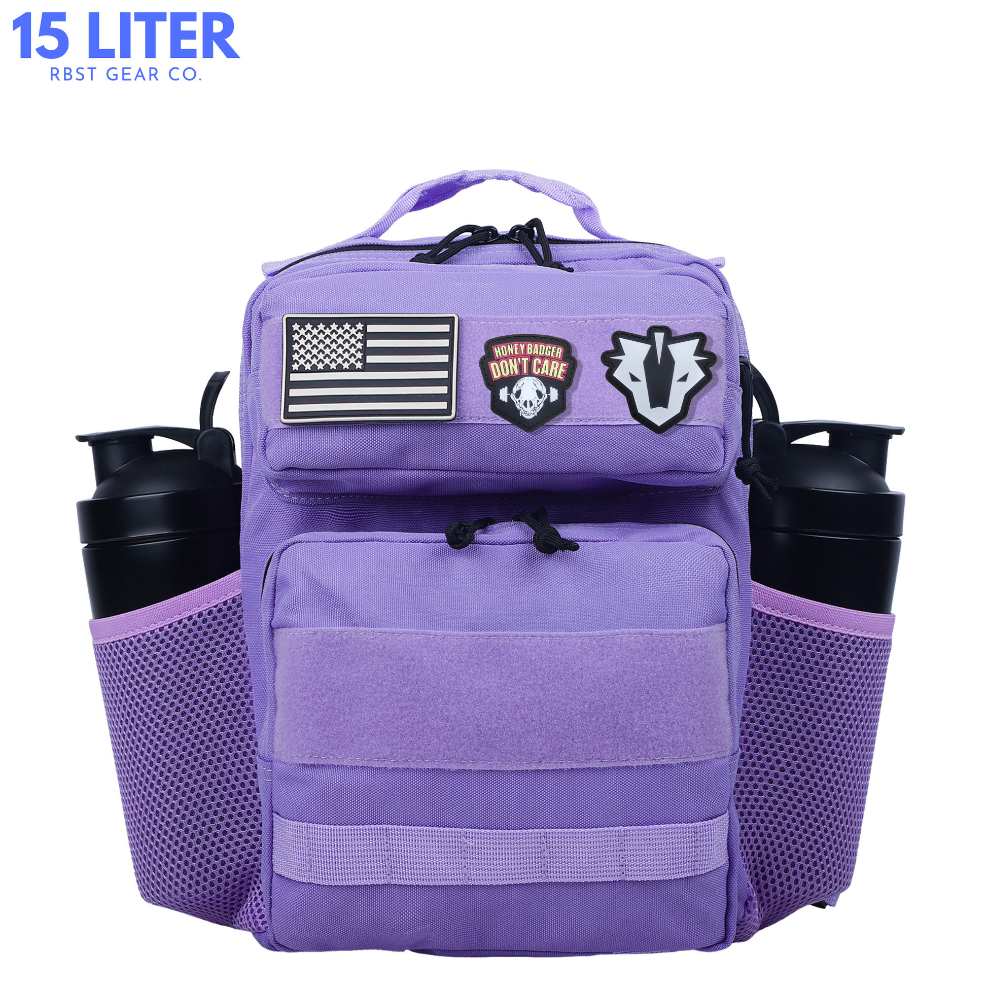 Purple backpack with patches and water bottles on a white background, featuring '15 Liter' and 'RBST GEAR CO.' text.