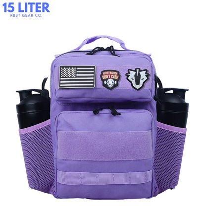 Purple backpack with patches and water bottles on a white background, featuring '15 Liter' and 'RBST GEAR CO.' text.