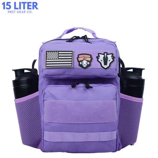 Purple backpack with patches and water bottles on a white background, featuring '15 Liter' and 'RBST GEAR CO.' text.
