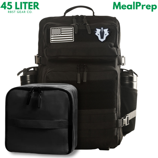 Black backpack with American flag patch and MealPrep branding on a white background