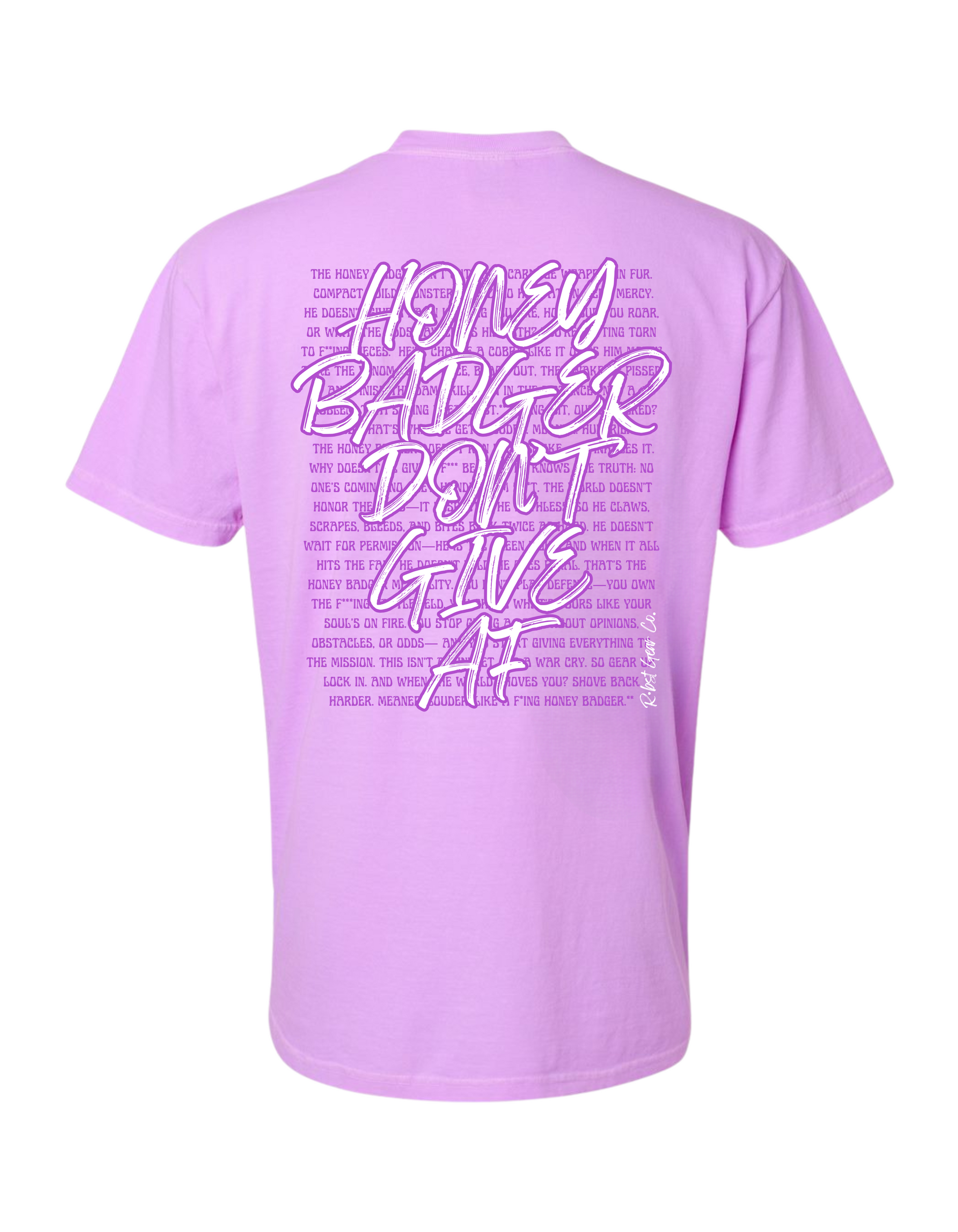 Purple t-shirt with text on the back on a white background