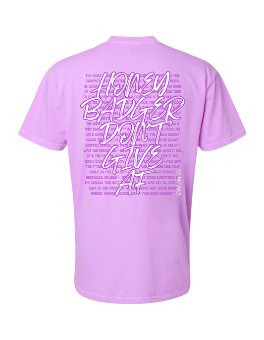 Purple t-shirt with text on the back on a white background