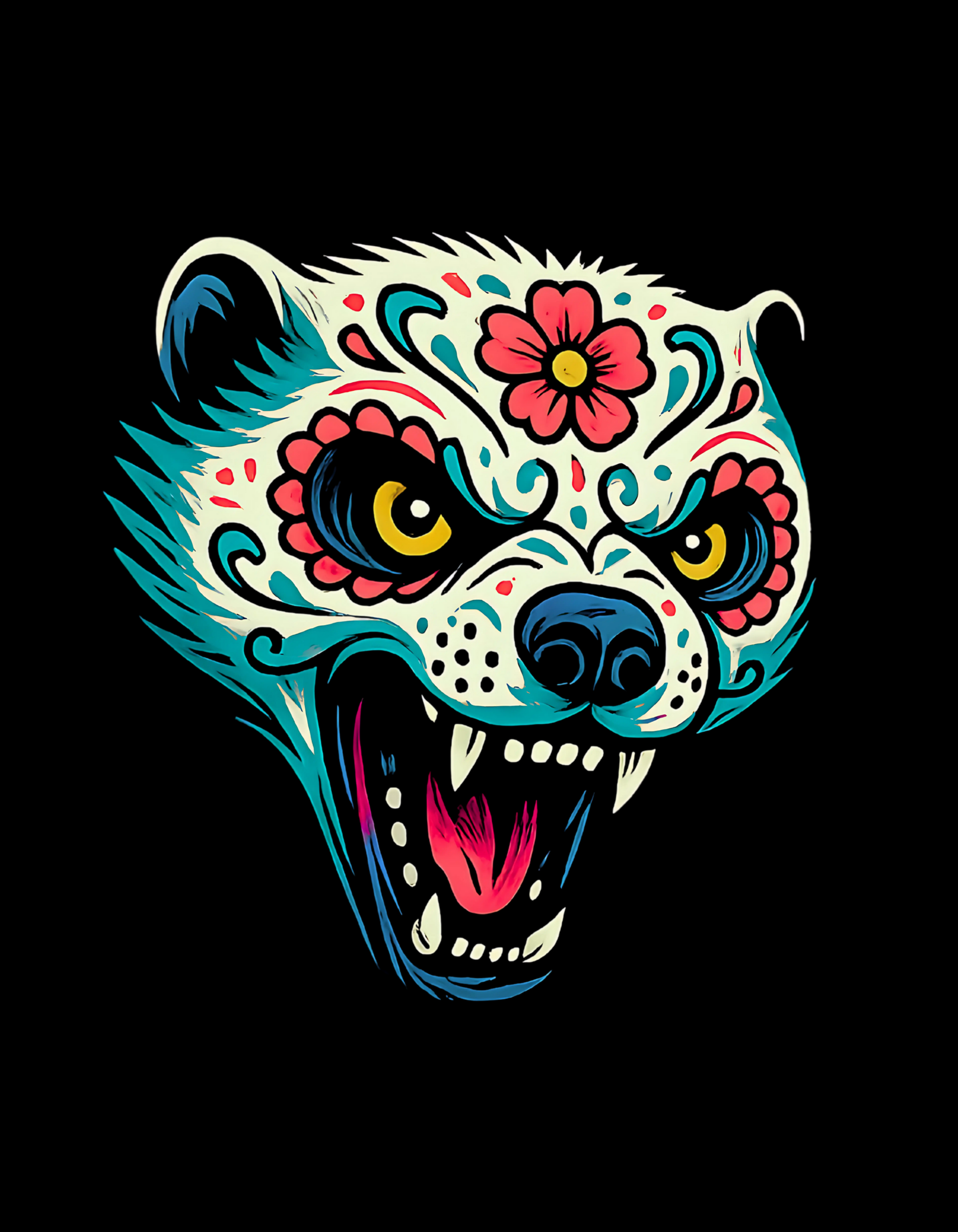 Colorful tattoo-style honey badger design on a black background