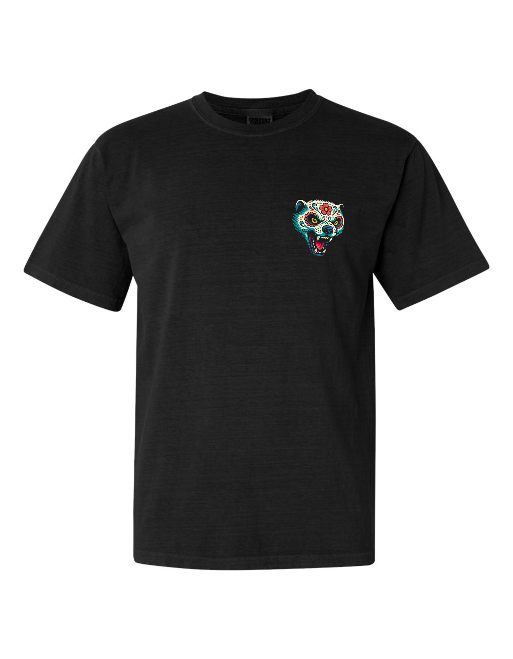 Black t-shirt with a colorful honey badger design for crossfit and Halloween showing the front side