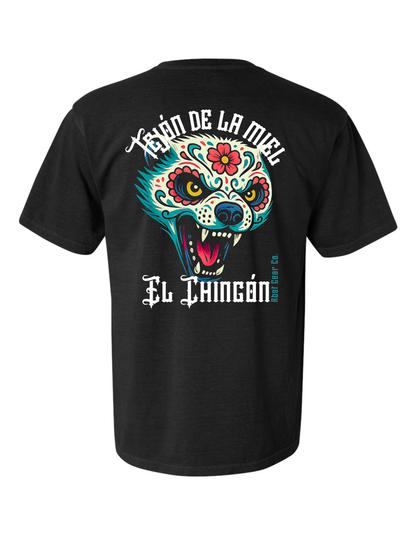 Black t-shirt with a colorful honey badger design for crossfit and Halloween showing the back side