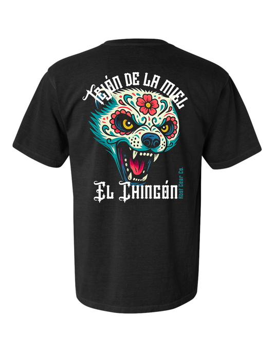 Black t-shirt with a colorful honey badger design for crossfit and Halloween showing the back side