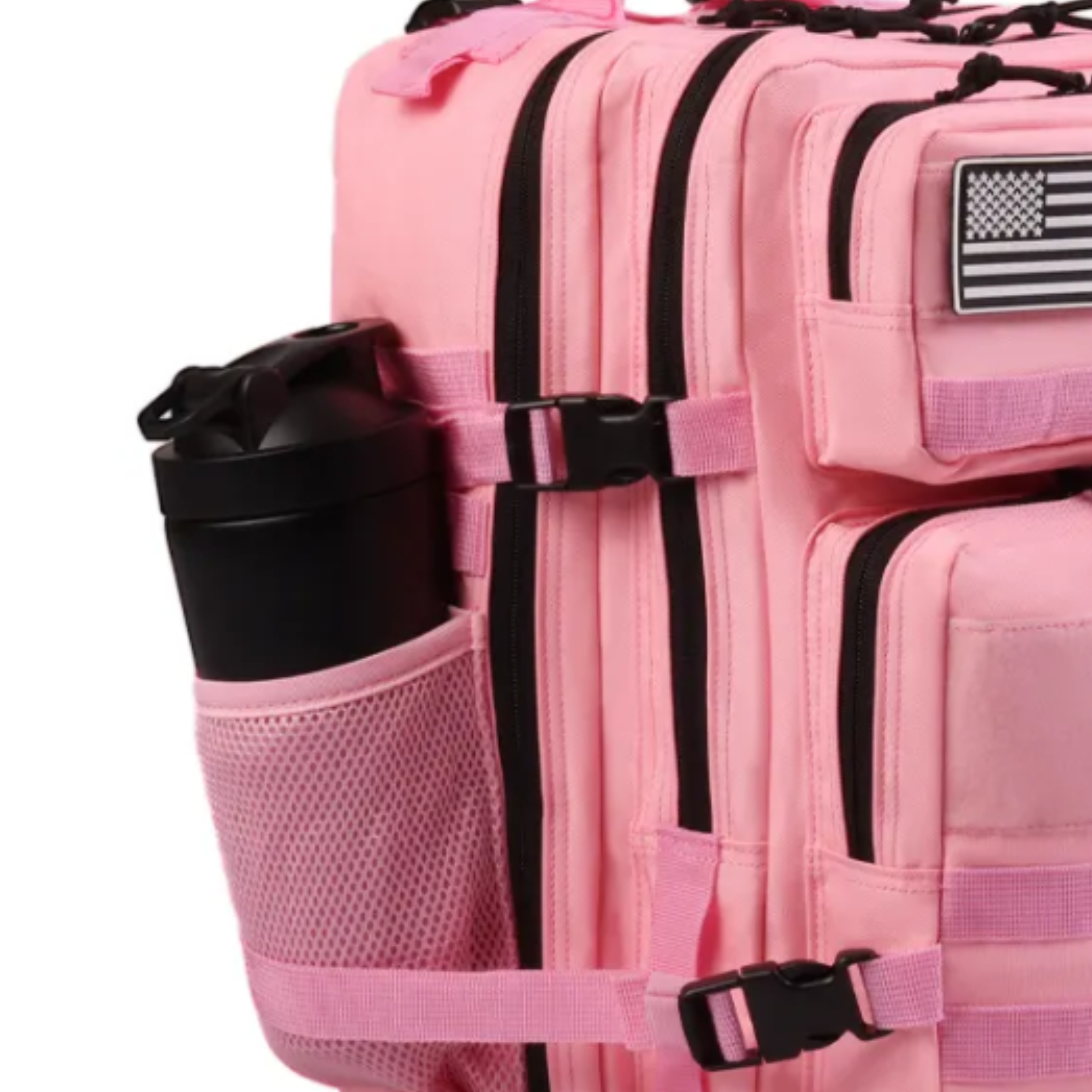 Tactical backpack shown from a different angle, emphasizing its ergonomic design and various compartments.