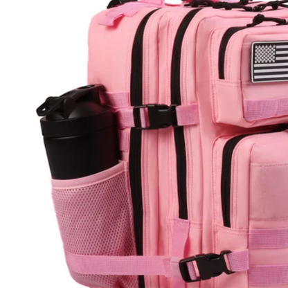 Tactical backpack shown from a different angle, emphasizing its ergonomic design and various compartments.