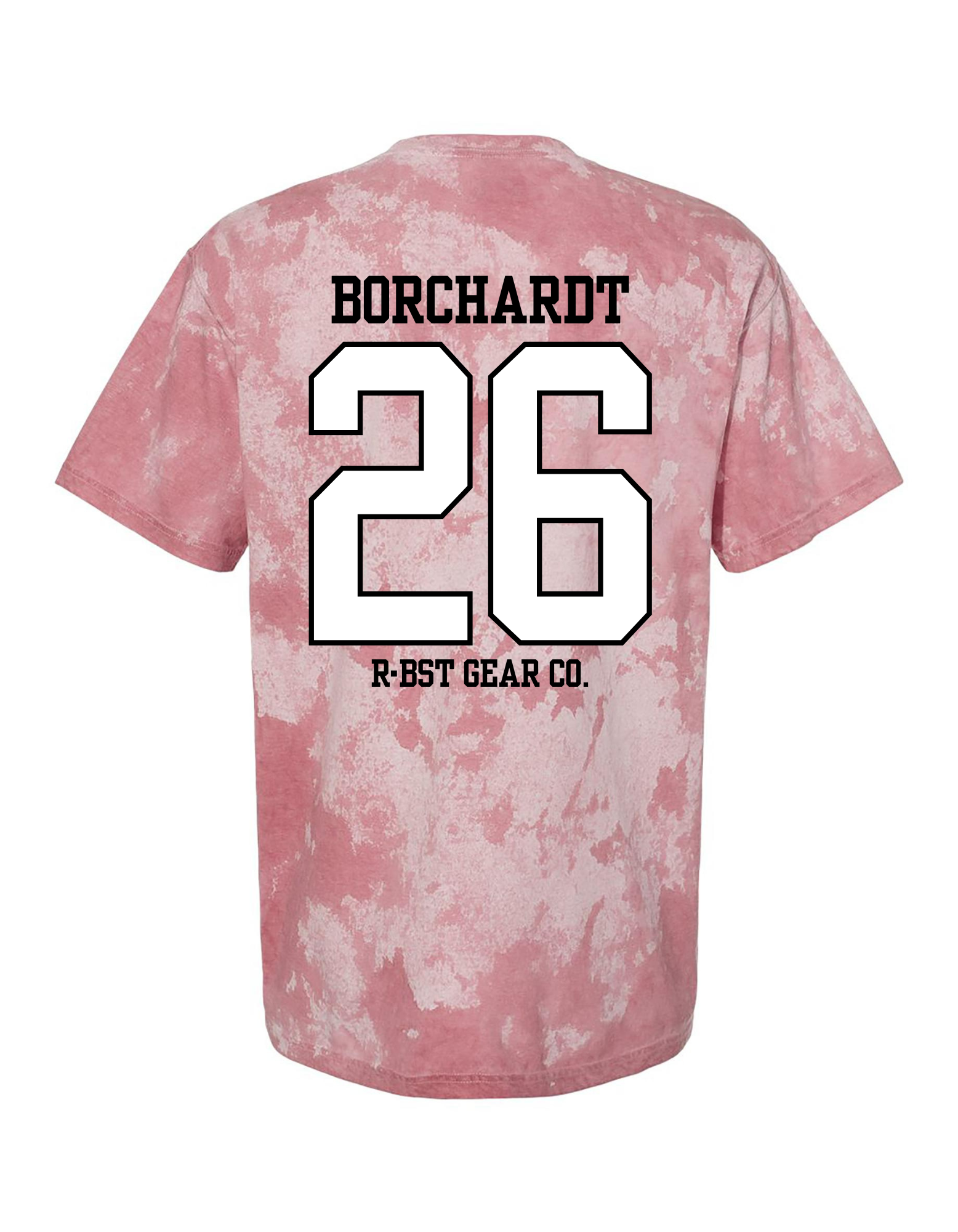 Pink tie-dye t-shirt with 'Borchardt 26' printed on the back against a white background