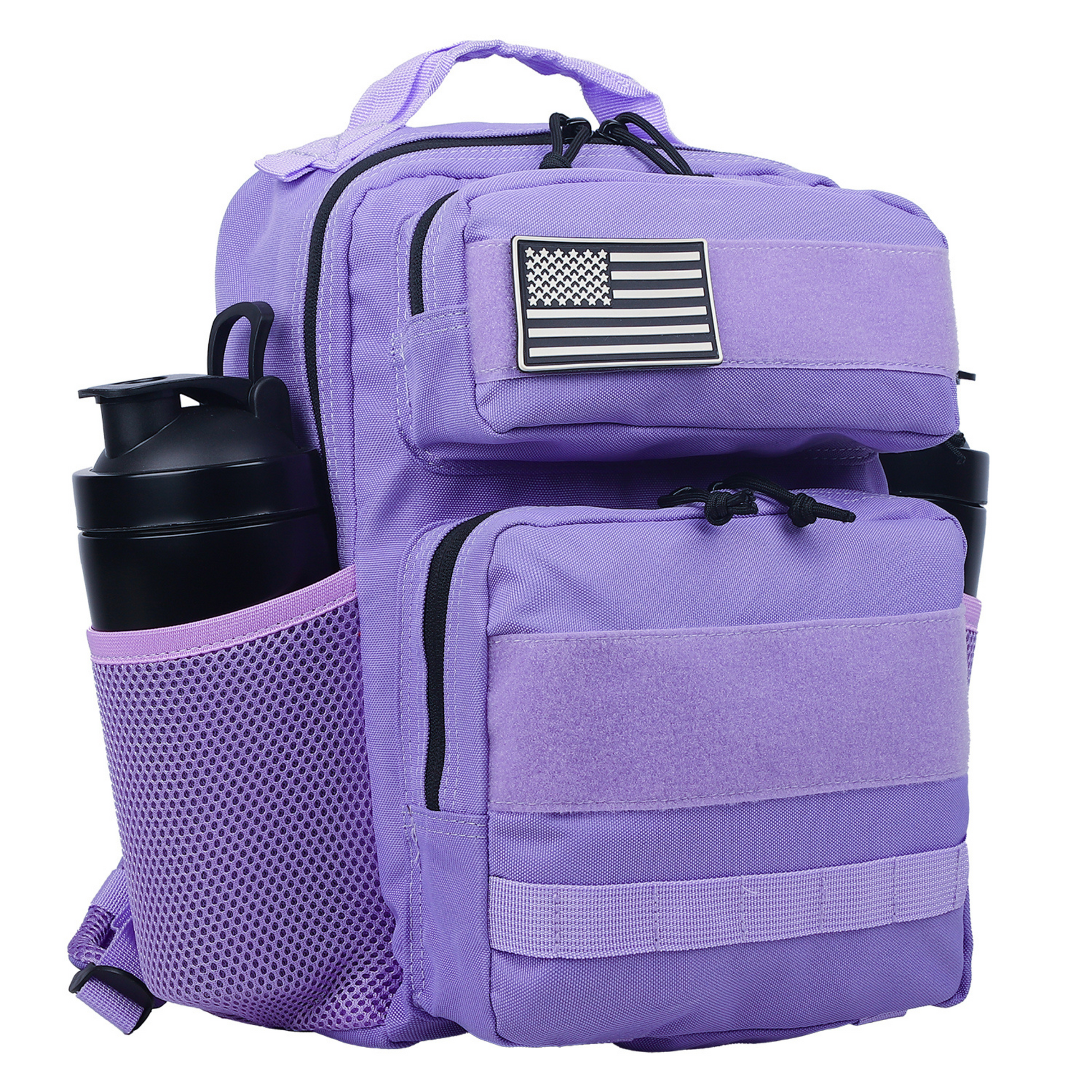 Purple backpack with American flag patch and black shaker bottle on a white background