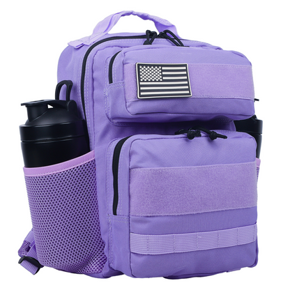 Purple backpack with American flag patch and black shaker bottle on a white background
