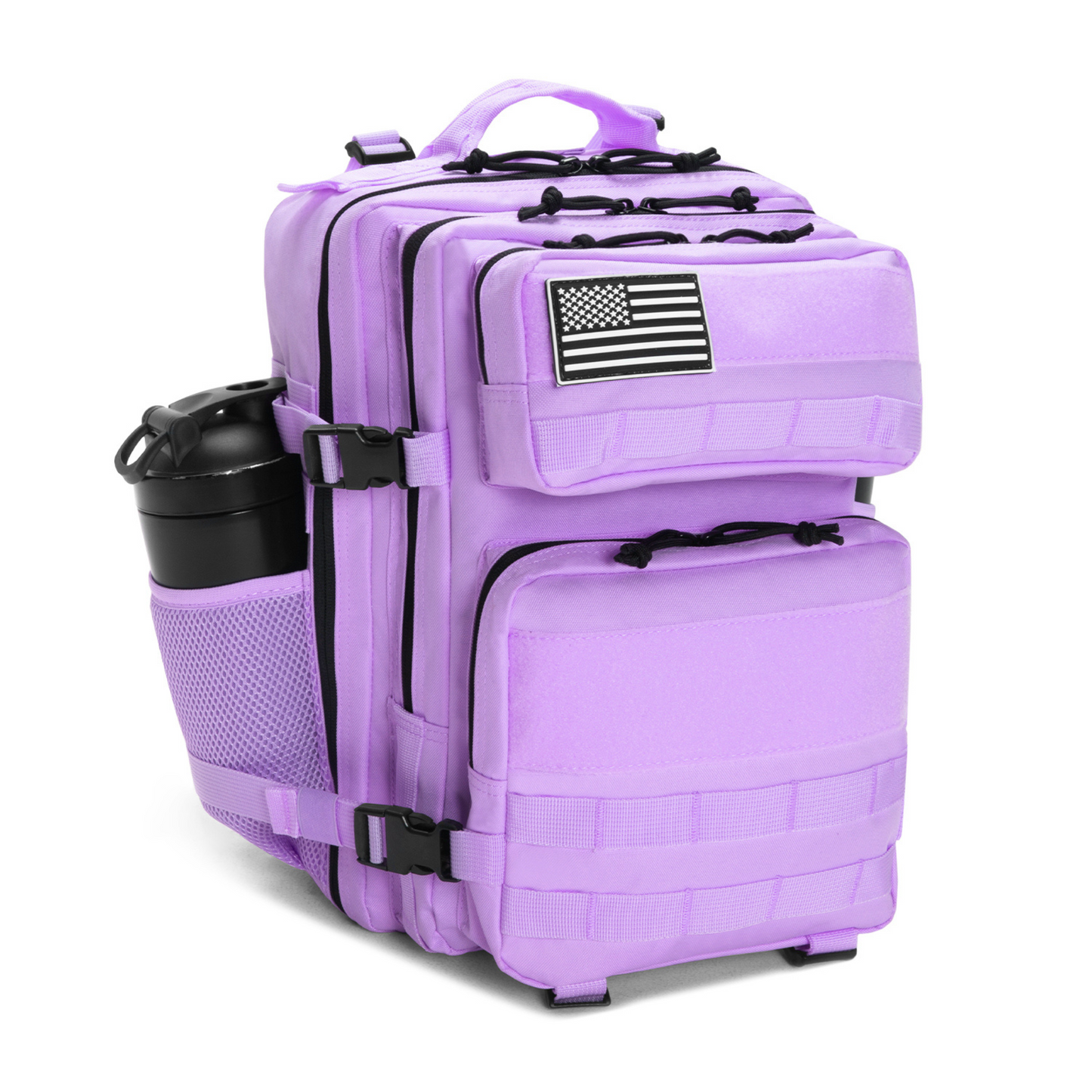 Purple backpack with American flag patch on a white background