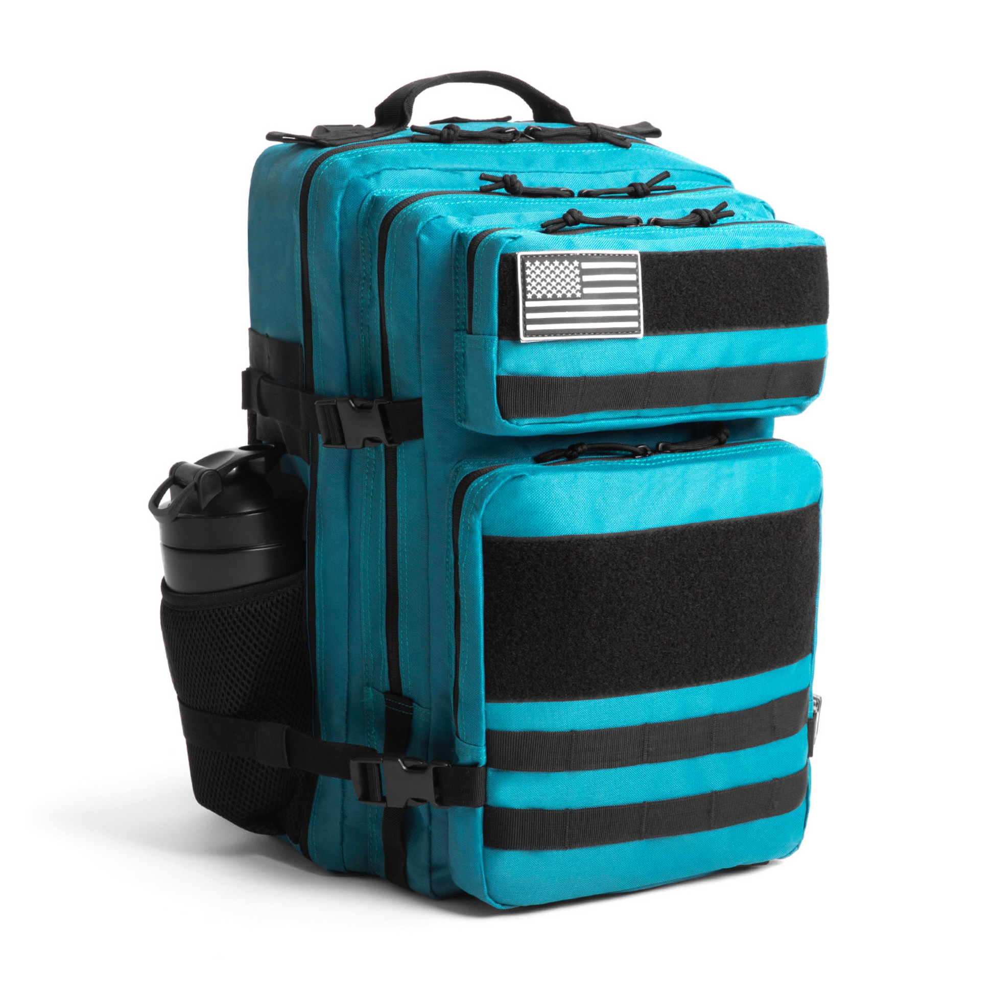 Turquoise backpack with black straps and an American flag patch on a white background