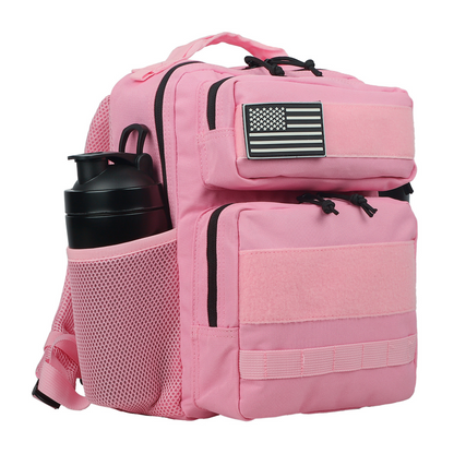 Pink backpack with American flag patch and water bottle holder on a white background
