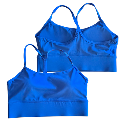 Two blue sports bras on a white background