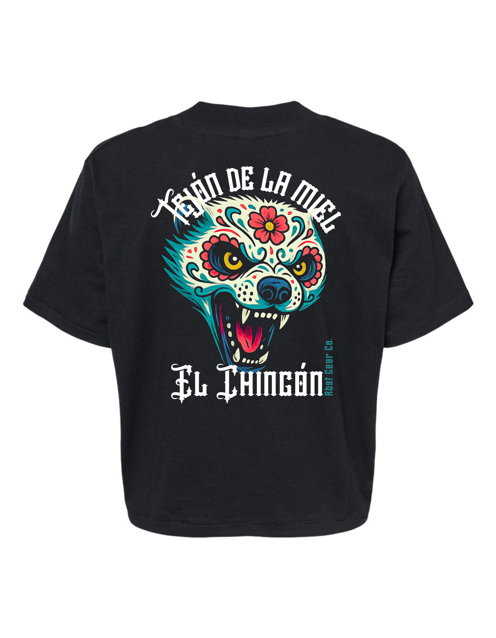 Black t-shirt with colorful graphic design on the back