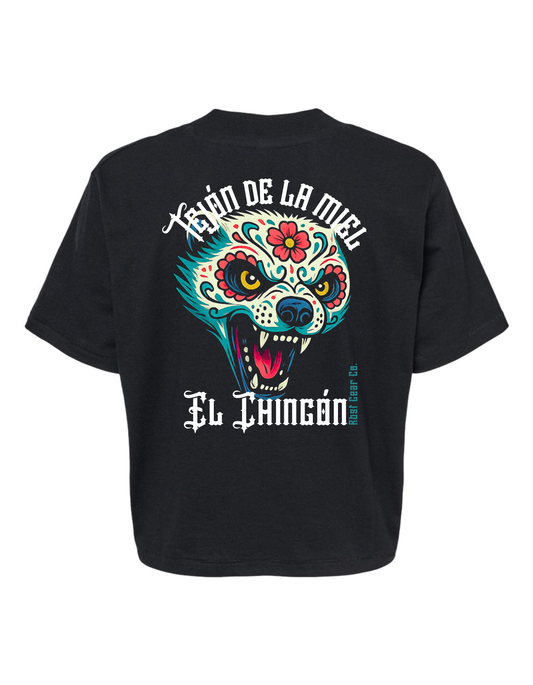 Black t-shirt with colorful graphic design on the back