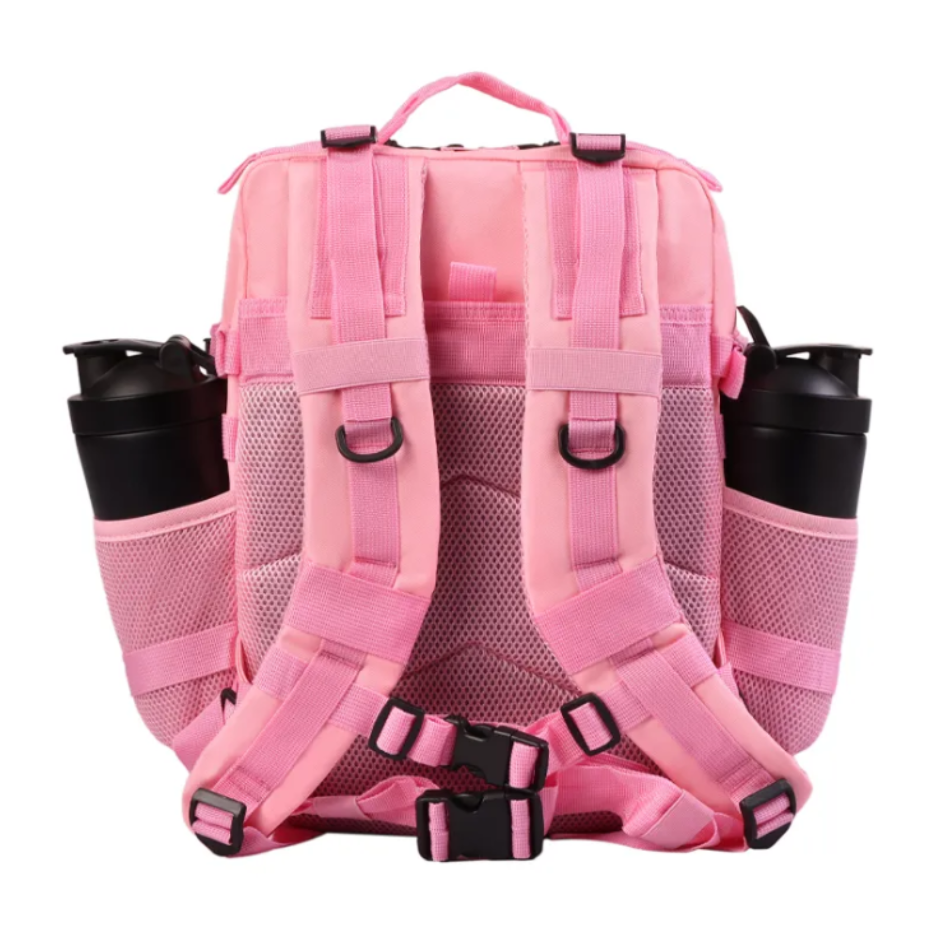 Back view of the tactical backpack, showcasing padded straps, breathable back panel, and adjustable features.