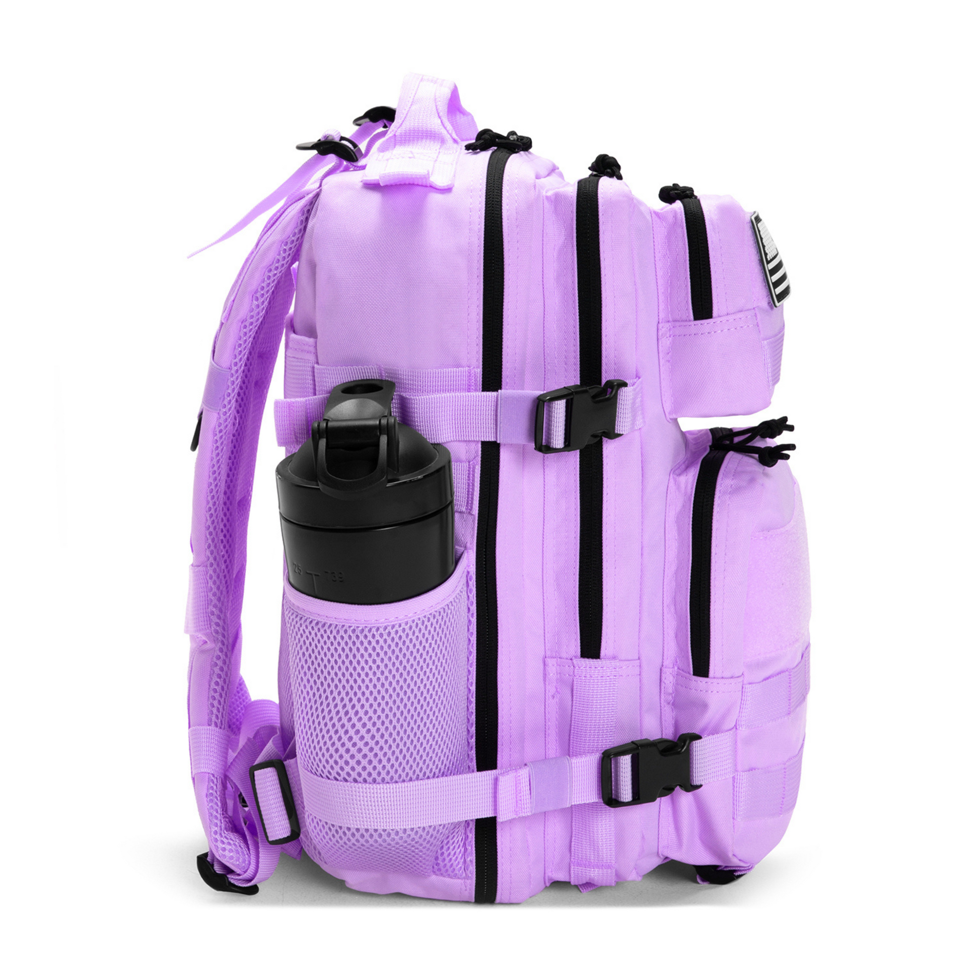 Purple backpack with black straps on a white background