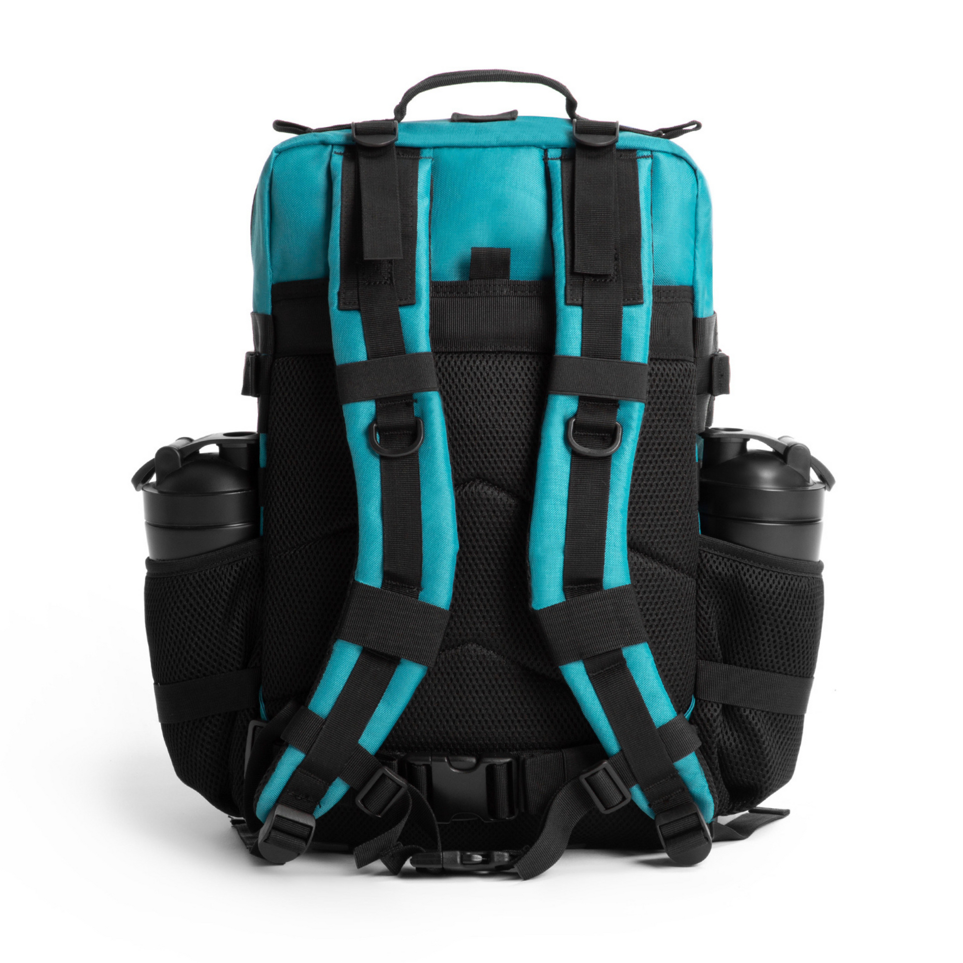 Backpack with teal and black straps on a white background