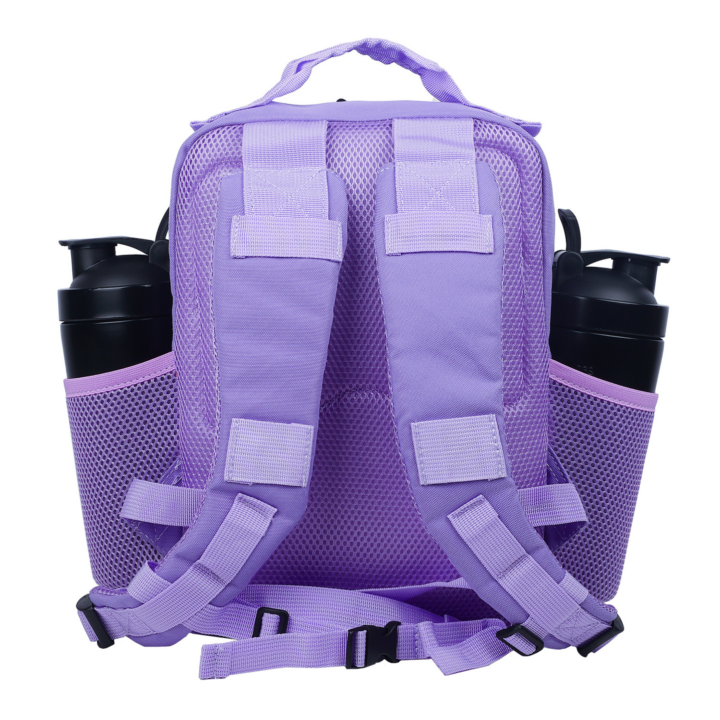 Purple backpack with two water bottle holders on a white background