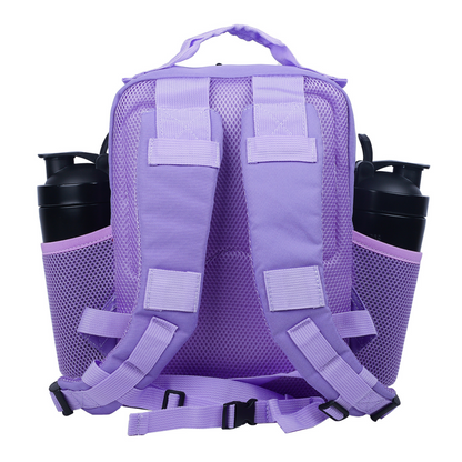 Purple backpack with two water bottle holders on a white background