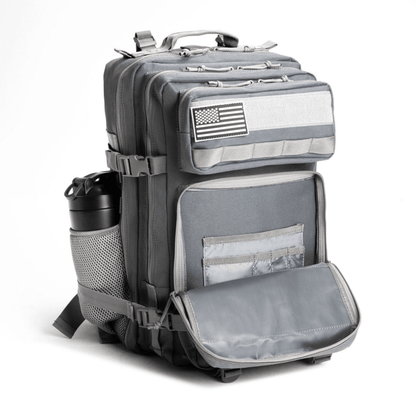grey mini tactical backpack CtopxCone 45L Camo Military 3 Day Molle Assault Pack Large Army Bug Out Bag Rucksack Daypack for Men Outdoor Hiking Army Camping Hunting : Sports & Outdoors It also features a shaker/water bottle holder 45L Tactical Backpack Dust