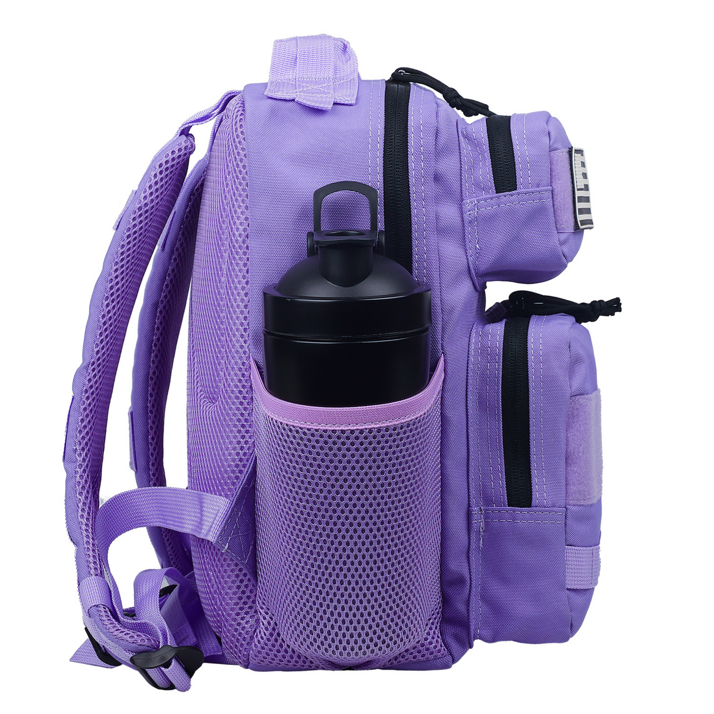 Purple backpack with a water bottle holder on a white background