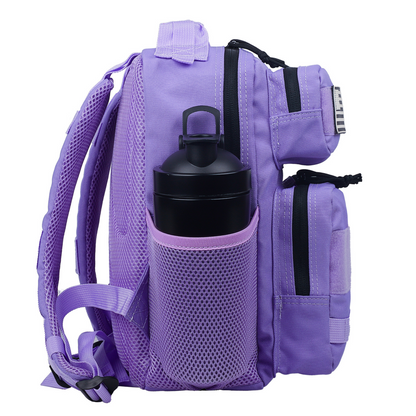 Purple backpack with a water bottle holder on a white background