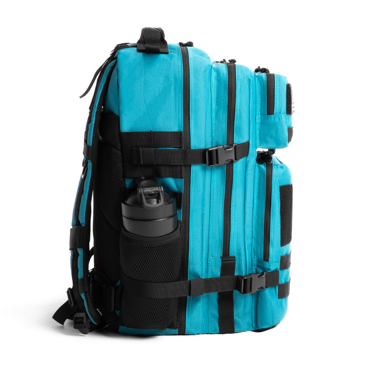 Blue backpack with black straps on a white background