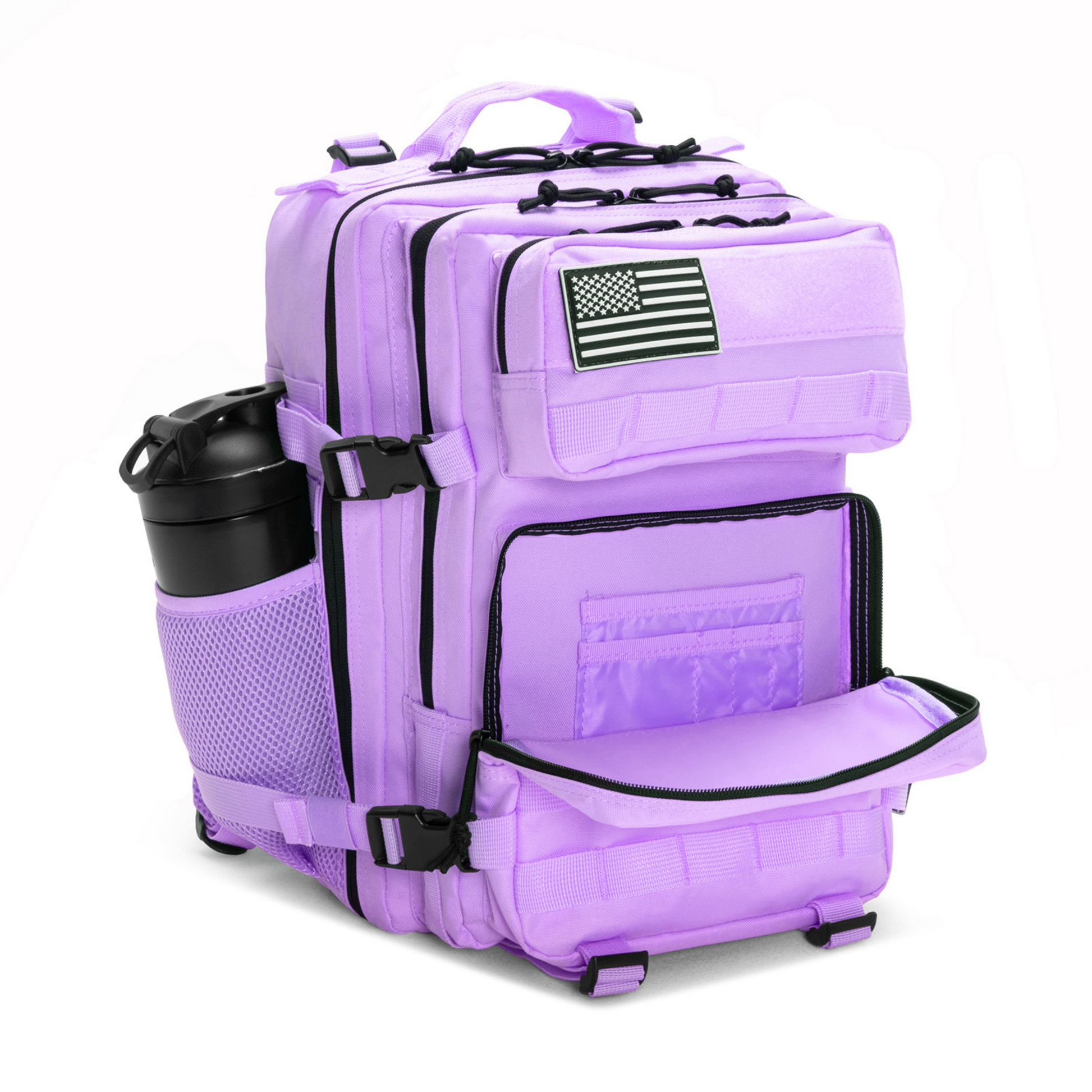 Purple backpack with an American flag patch on a white background